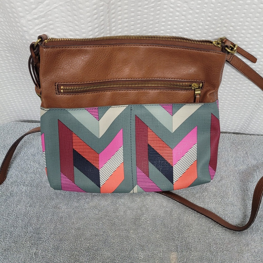 Fossil Brown Leather Chevron Geometric Crossbody Bag ZB6729 Multi Color